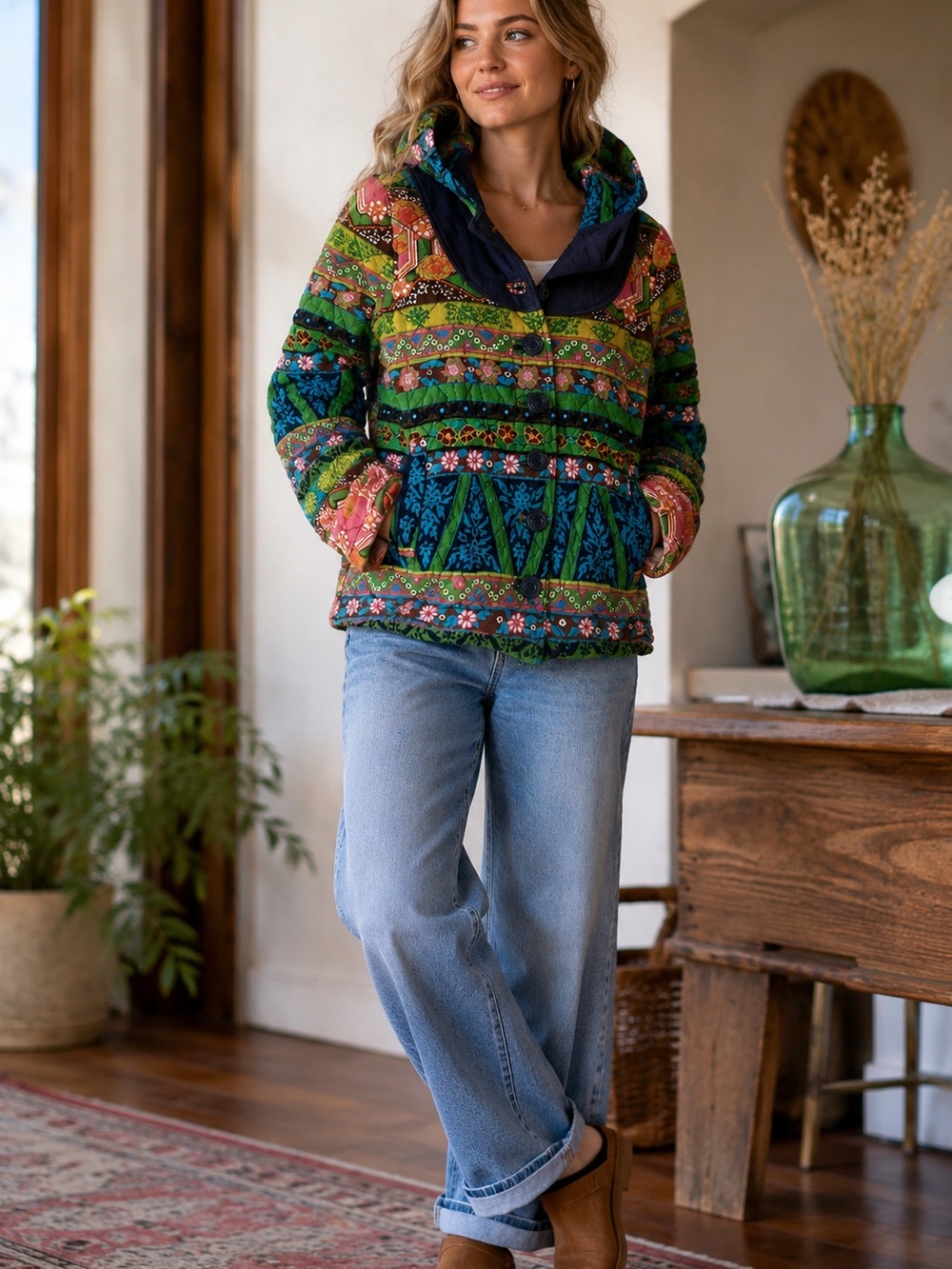 Allihop Quilted Patchwork Multicolor Hooded Jacket Boho Large